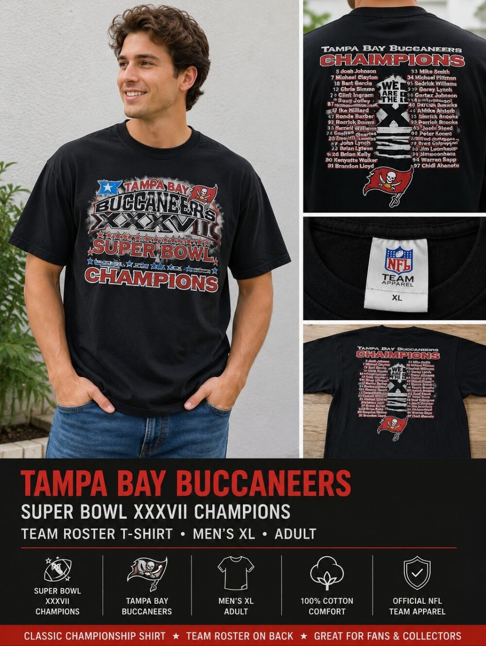 Tampa Bay Buccaneers Super Bowl XXXVII Champions Roster T-Shirt Men’s XL